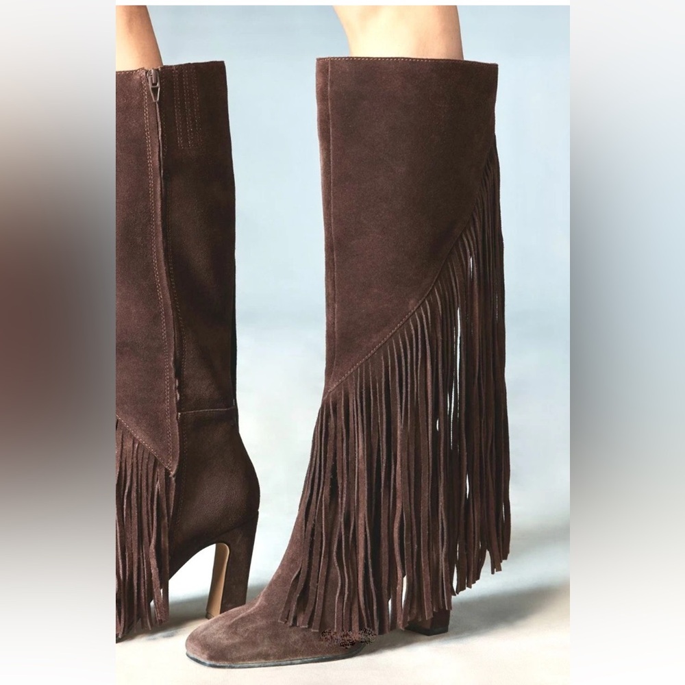 Anthropologie Dolce Vita Giano Suede Fringe Tall Boots Mahogany Brown - Picture 4 of 8